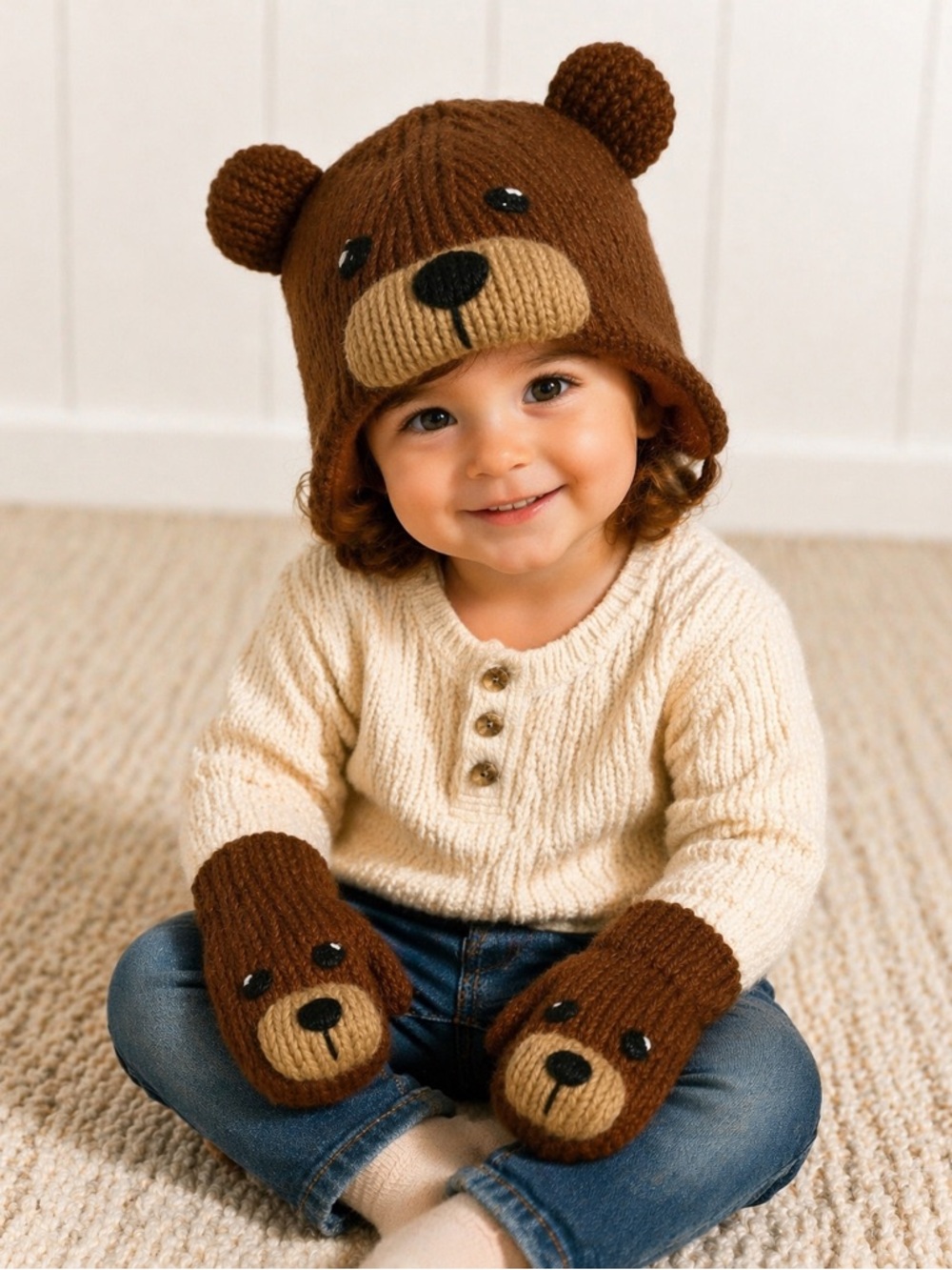 Kyber Brown Bear Knit Hat & Mittens Kids Set Cozy Winter Toddler